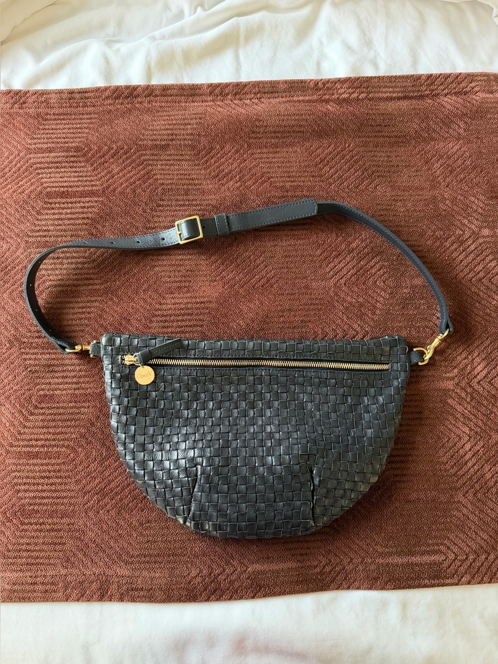 Clare V Grand Fanny Navy Woven Leather Crossbody Belt Bag with Gold Hardware